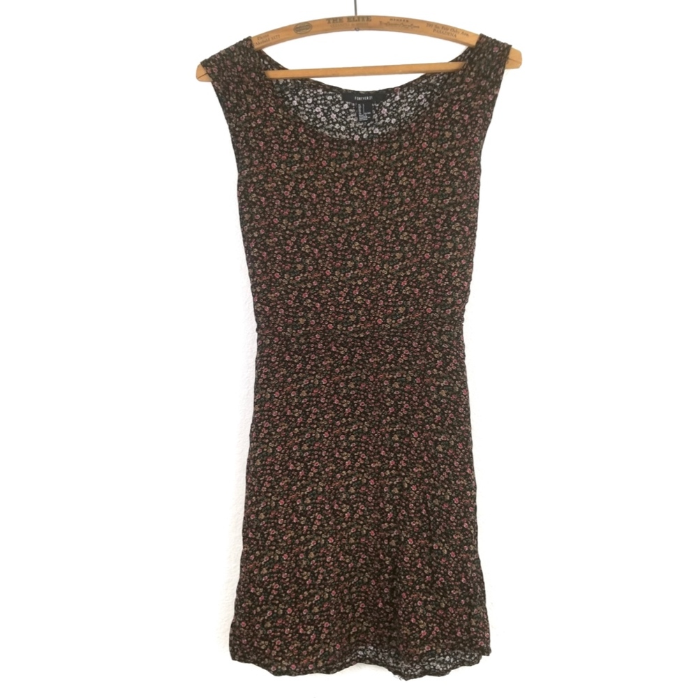 ✅F21 floral summer dress tie back mini olive green
